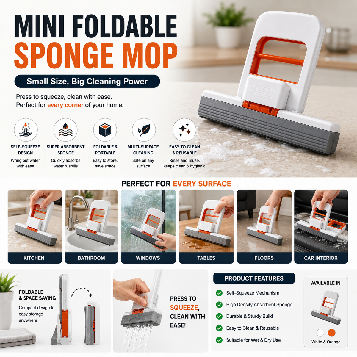 Handheld Mini Sponge Mop – Self-Squeeze Cleaning Mop for Kitchen, Glass & Windows