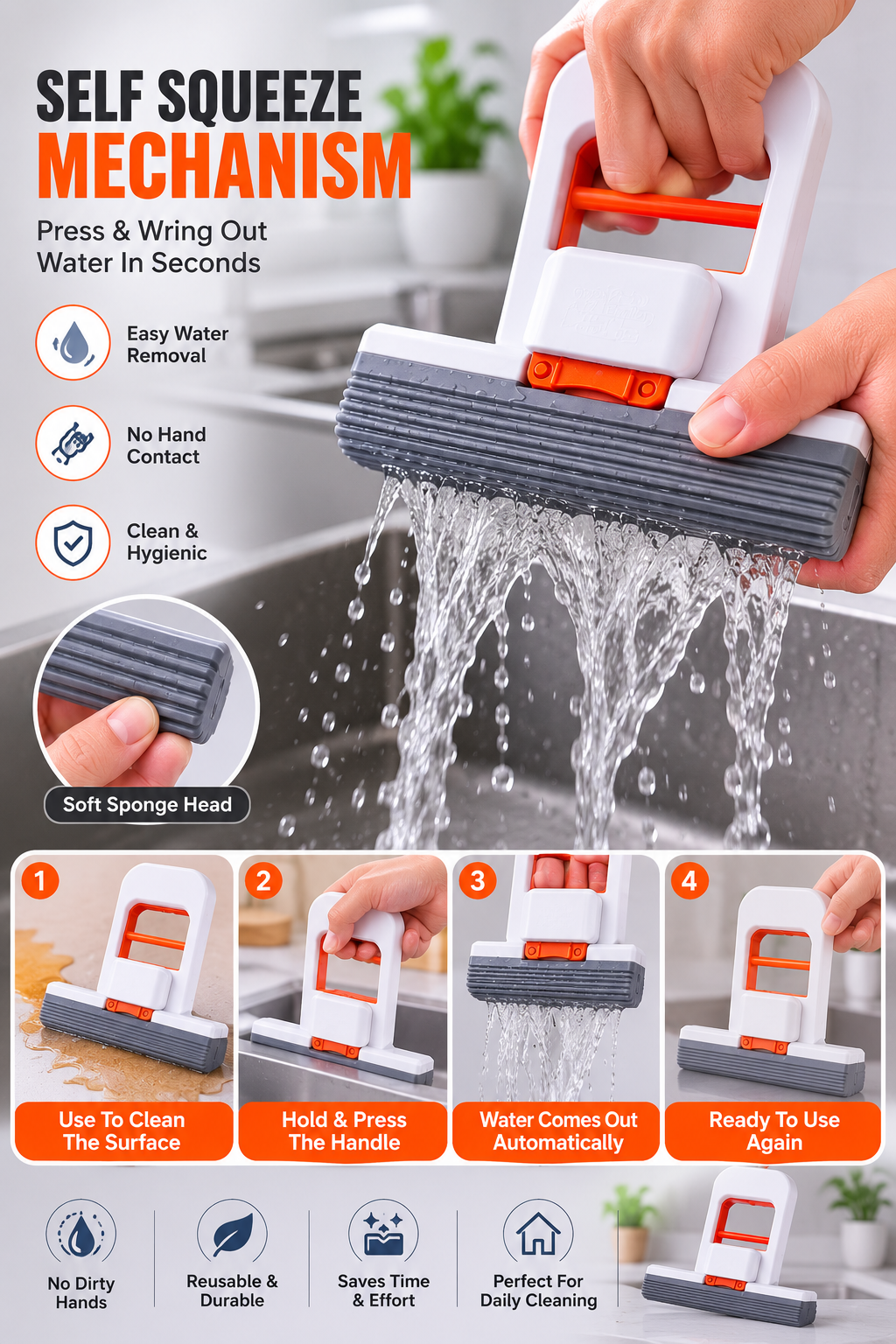 Handheld Mini Sponge Mop – Self-Squeeze Cleaning Mop for Kitchen, Glass & Windows