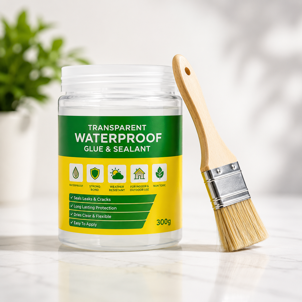 A clear plastic jar of transparent waterproof glue and sealant with a green and yellow label, shown next to a wooden-handled paint brush on a light marble surface with a blurred plant in the background.