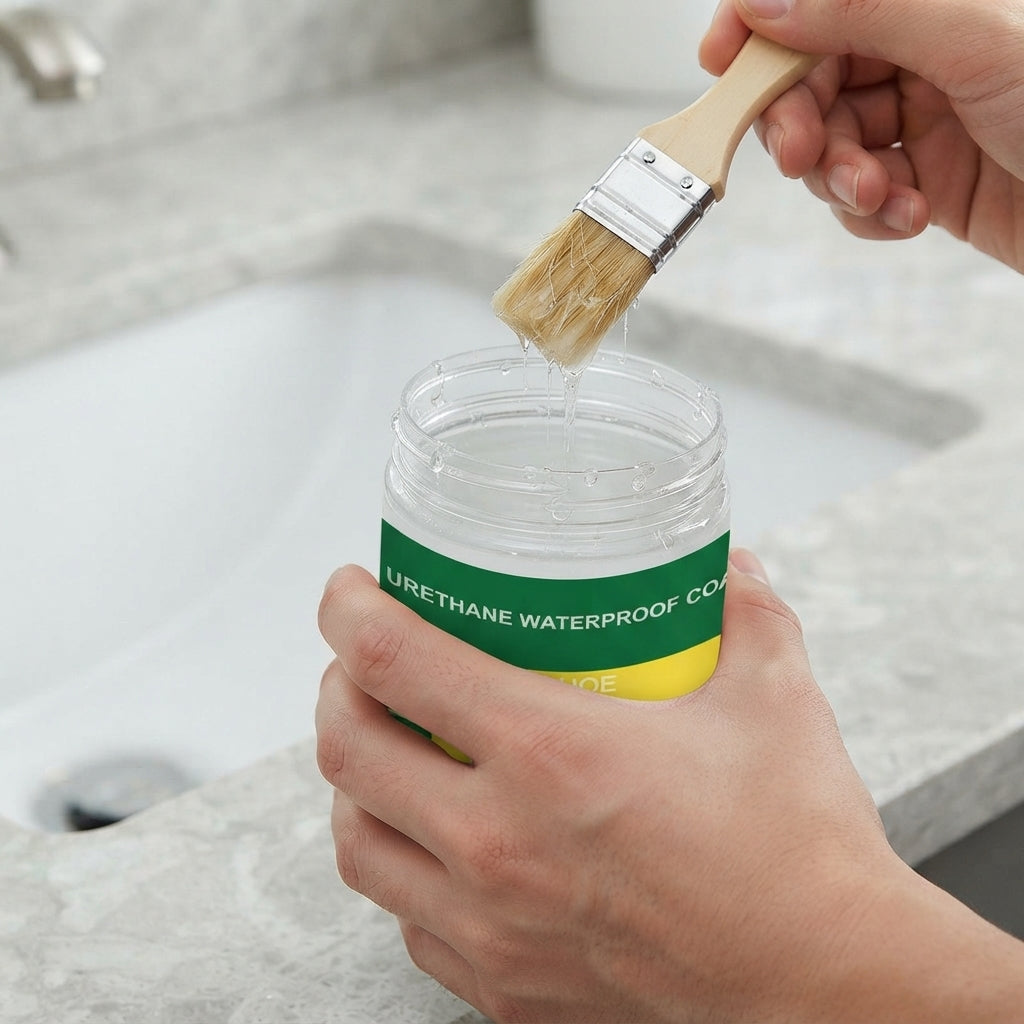 A person holds a clear jar of urethane waterproof coating with a green and yellow label while dipping a paintbrush into the container. The background shows a blurred kitchen sink and countertop.