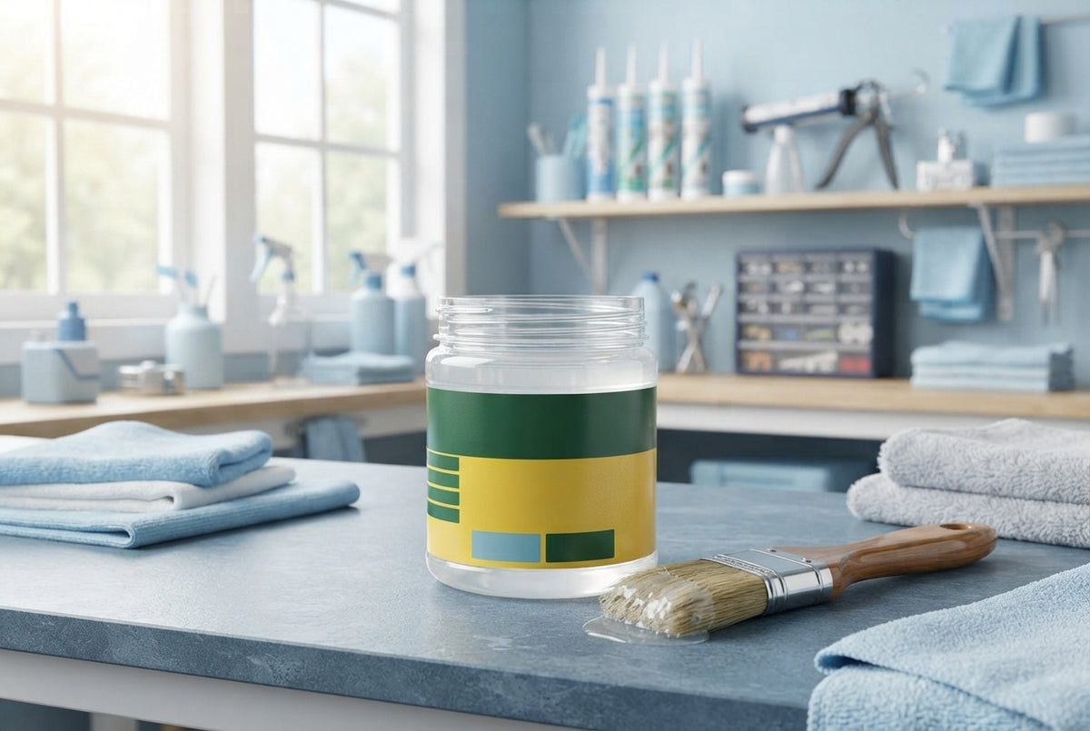 A jar of transparent waterproof glue and an application brush on a slate blue surface in a bright room.