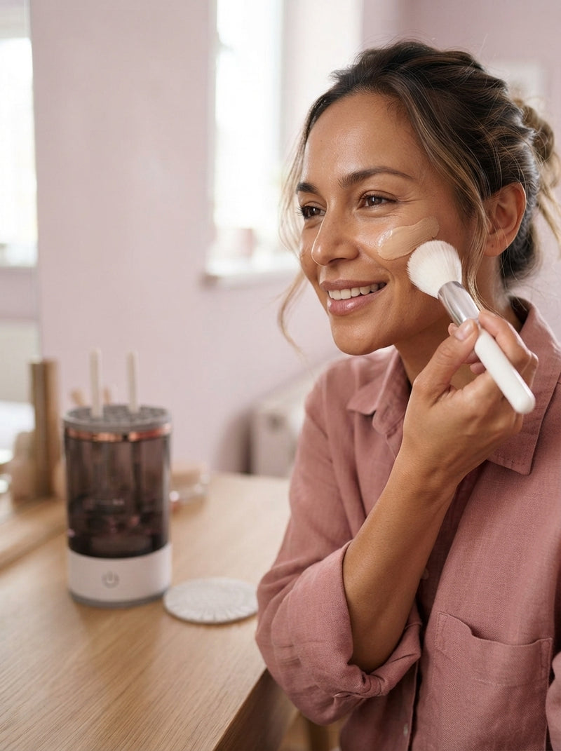 A woman applying foundation with a clean makeup brush in a sunlit room with an automatic brush cleaner in the background.