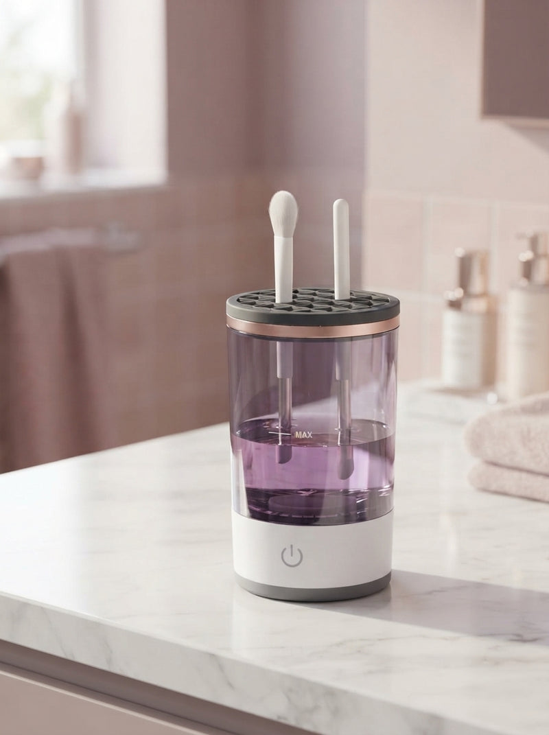 Automatic makeup brush cleaner sitting on a marble vanity in a bright bathroom.