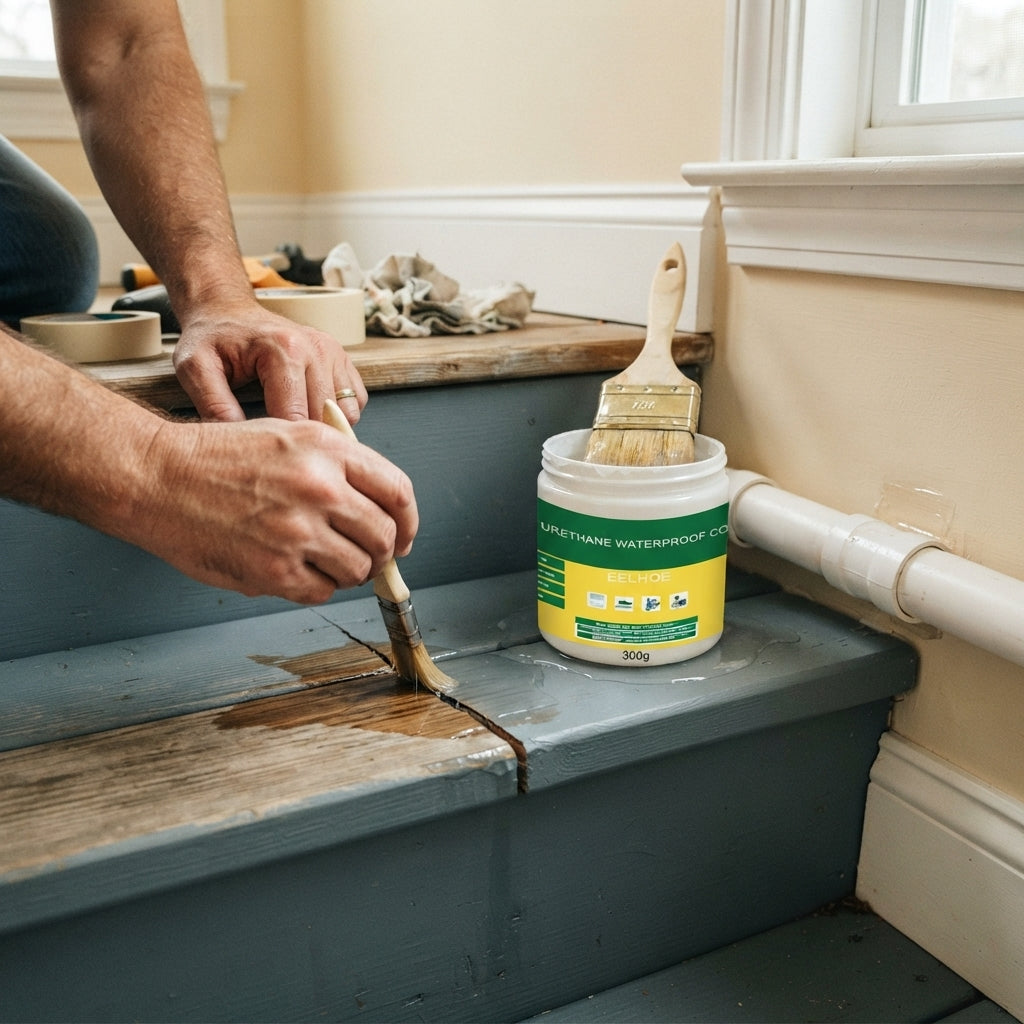 A person using a brush to apply transparent waterproof glue to a cracked wooden deck stair next to a 300g bottle of adhesive.