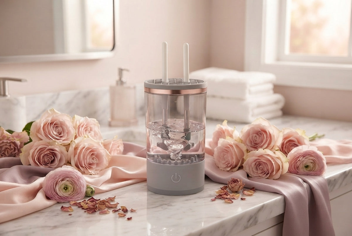 Automatic makeup brush cleaner machine on a marble vanity with blush pink floral decorations in a bright, modern bathroom.