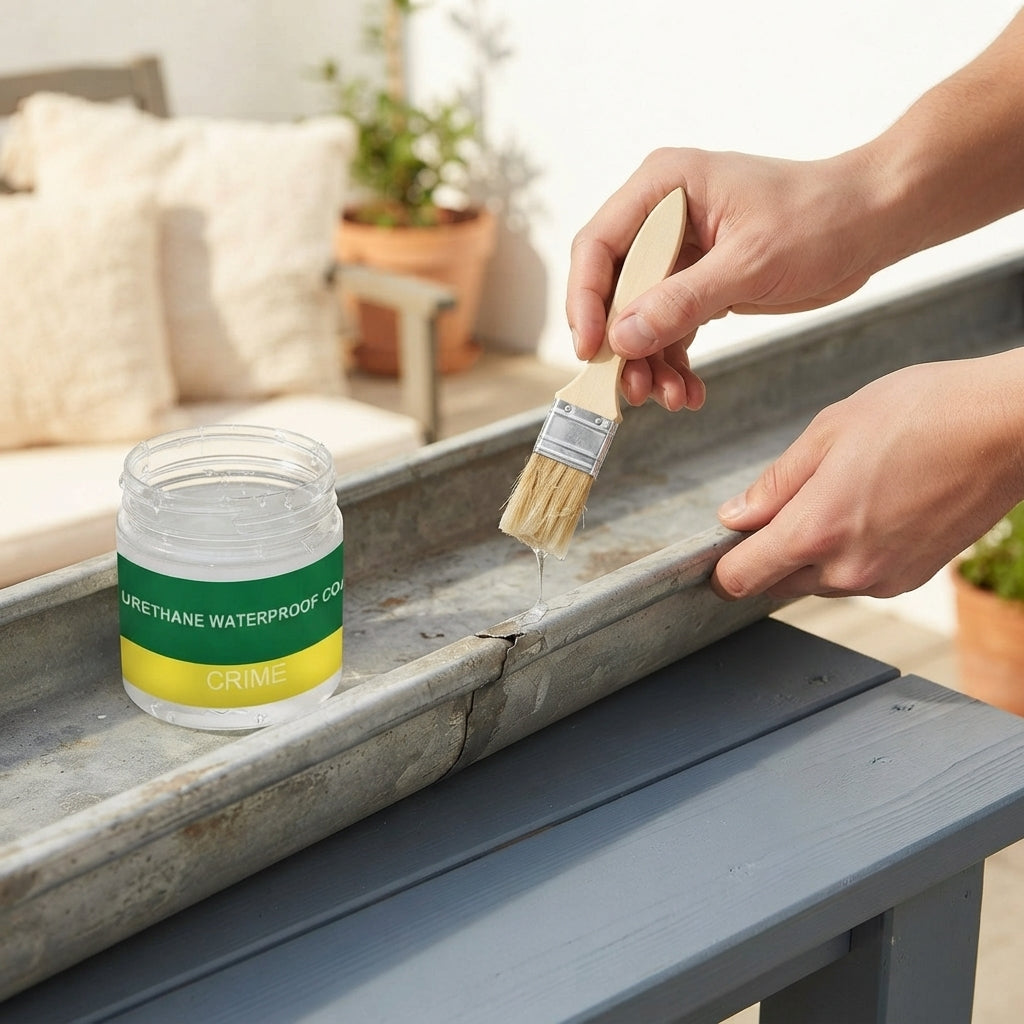 A person applying transparent waterproof glue with a brush to a cracked gutter on a slate blue and cream-toned patio.