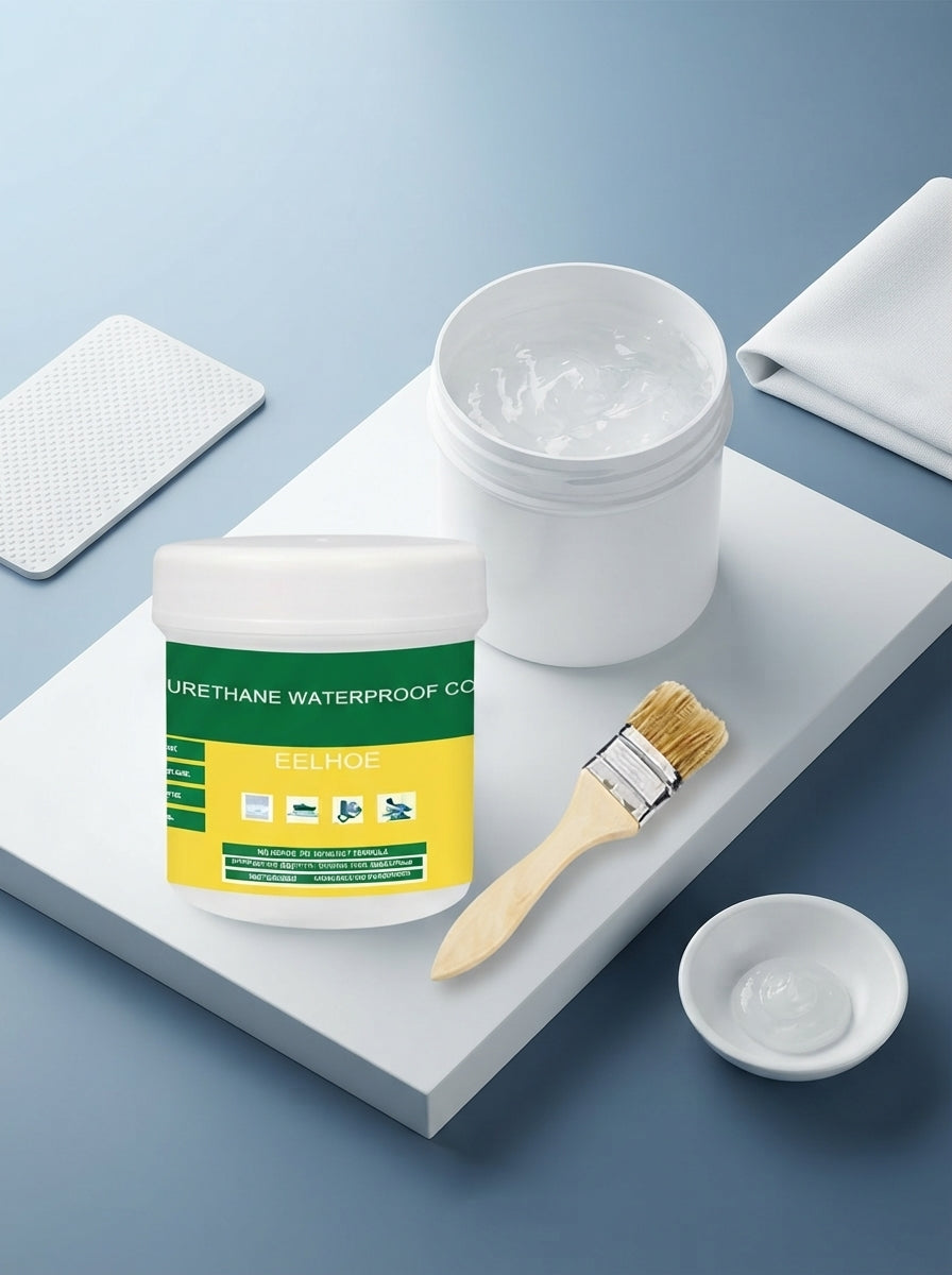 A 300-gram container of transparent waterproof glue with an applicator brush resting on a clean, modern surface.