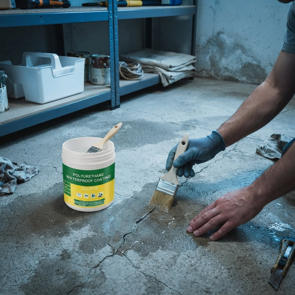 A person applying transparent waterproof glue to a concrete crack in a basement using a brush.